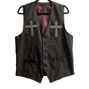 Franky Max Y2K Vest Mens L Black Crucifix Embroidered Studded Heavy Metal Rock